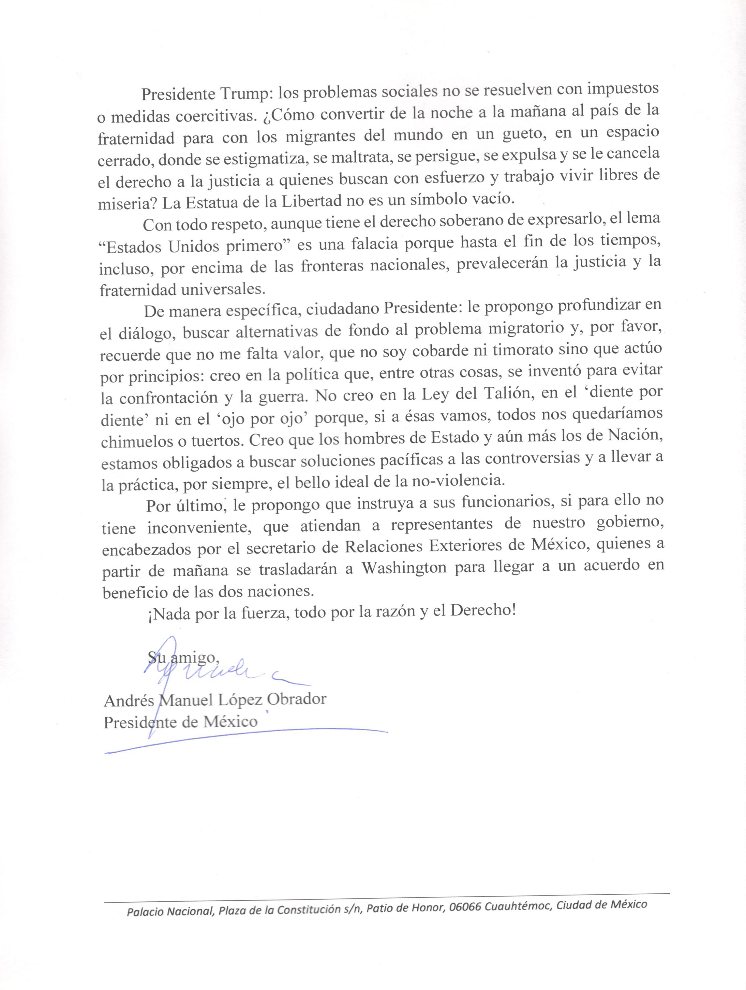 Carta del presidente Andrés Manuel López Obrador al 